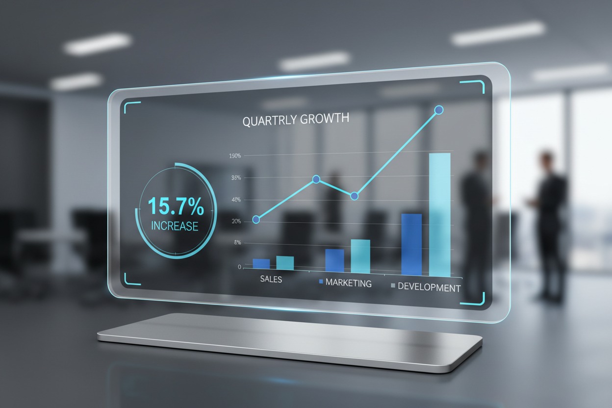 Uma tela transparente exibe gráficos de crescimento trimestral e aumento de 15,7% em um escritório corporativo desfocado.